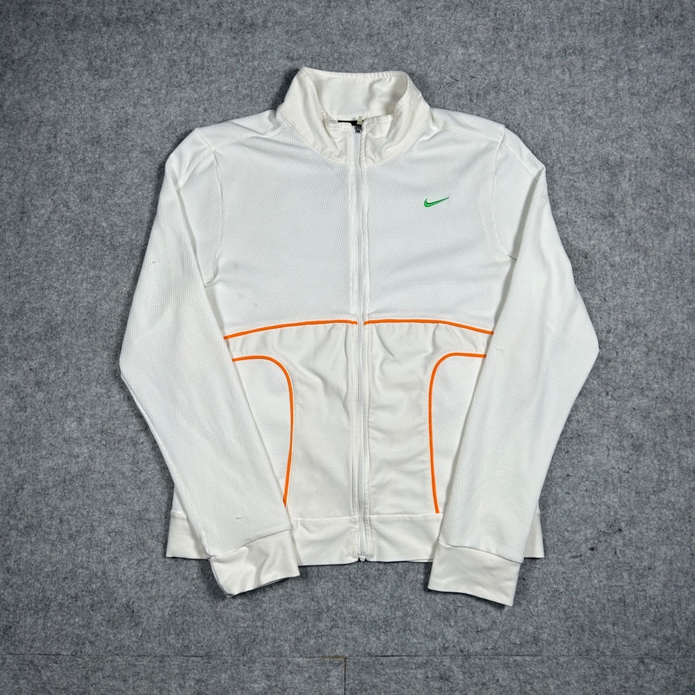 Nike Track Jacket Women Medium White Dri-Fit Full Zip‎ Orange Piping Swoosh Y2K